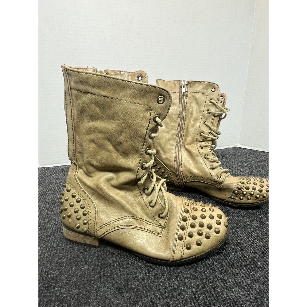 Troopa Studded Combat Boots Womens 6 Tan Edgy Grunge Punk Rock Moto Steampunk
